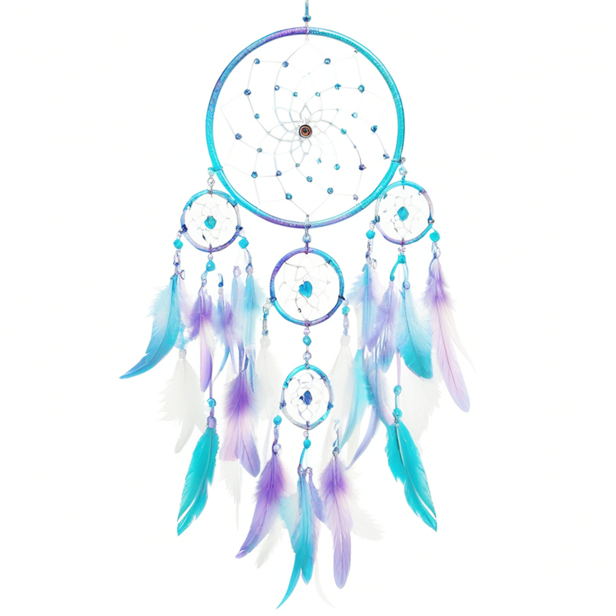 Attrape-rêves suspendu 40 x 90 cm en textile turquoise violet à plumes style bohème