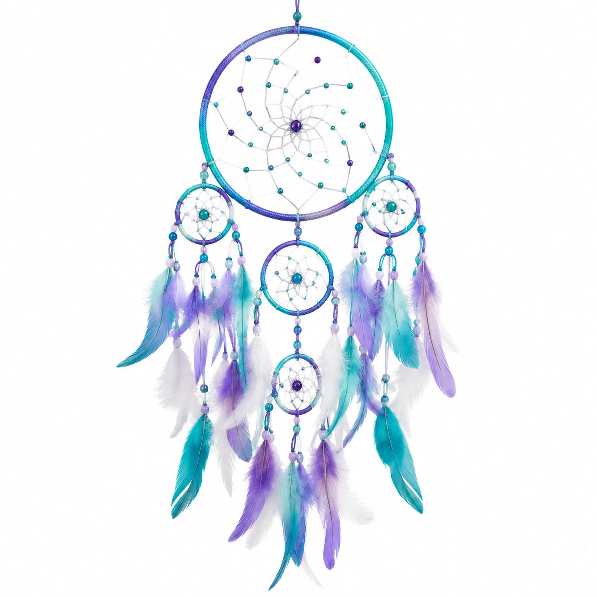 Attrape-rêves suspendu 40 x 90 cm en textile turquoise violet à plumes style bohème