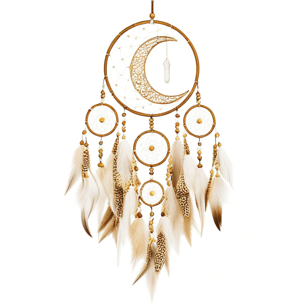 Suspension décorative attrape rêves 40 x 90 cm en métal bois plumes beige marron style bohème mural