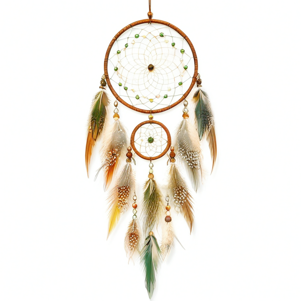 Attrape-rêves mural 40 x 90 cm en corde et plumes brun vert style bohème