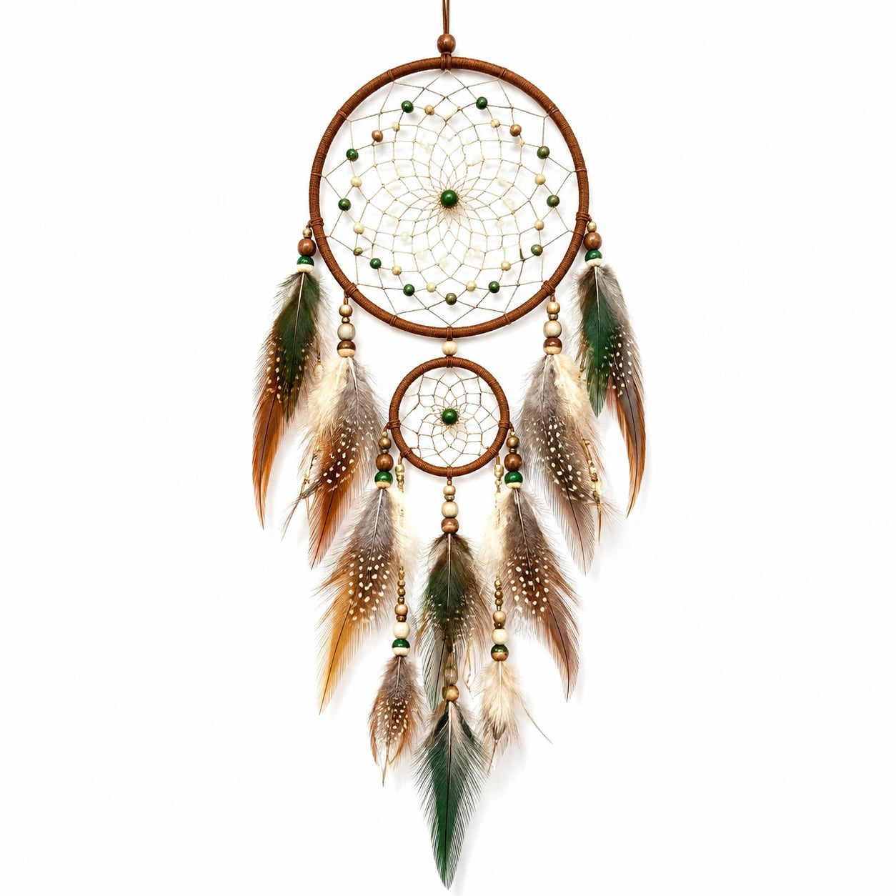 Attrape-rêves mural 40 x 90 cm en corde et plumes brun vert style bohème