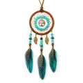 Attrape-rêves 16 cm x 45 cm brun turquoise en textile avec plumes style bohème décor mural suspendu