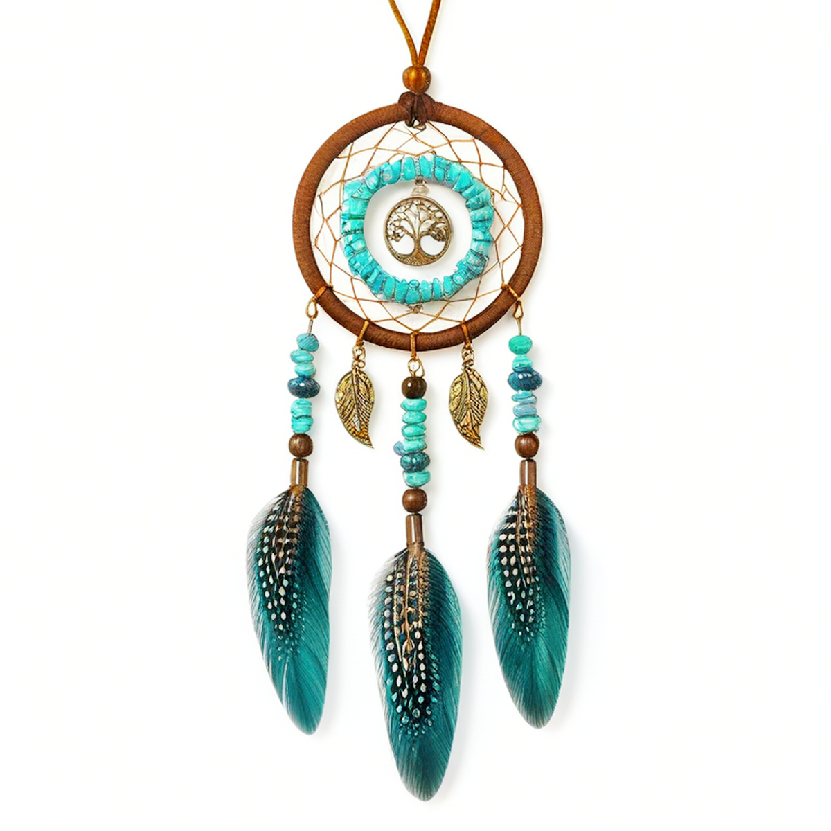 Attrape-rêves 16 cm x 45 cm brun turquoise en textile avec plumes style bohème décor mural suspendu