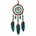 Attrape-rêves 16 cm x 45 cm brun turquoise en textile avec plumes style bohème décor mural suspendu