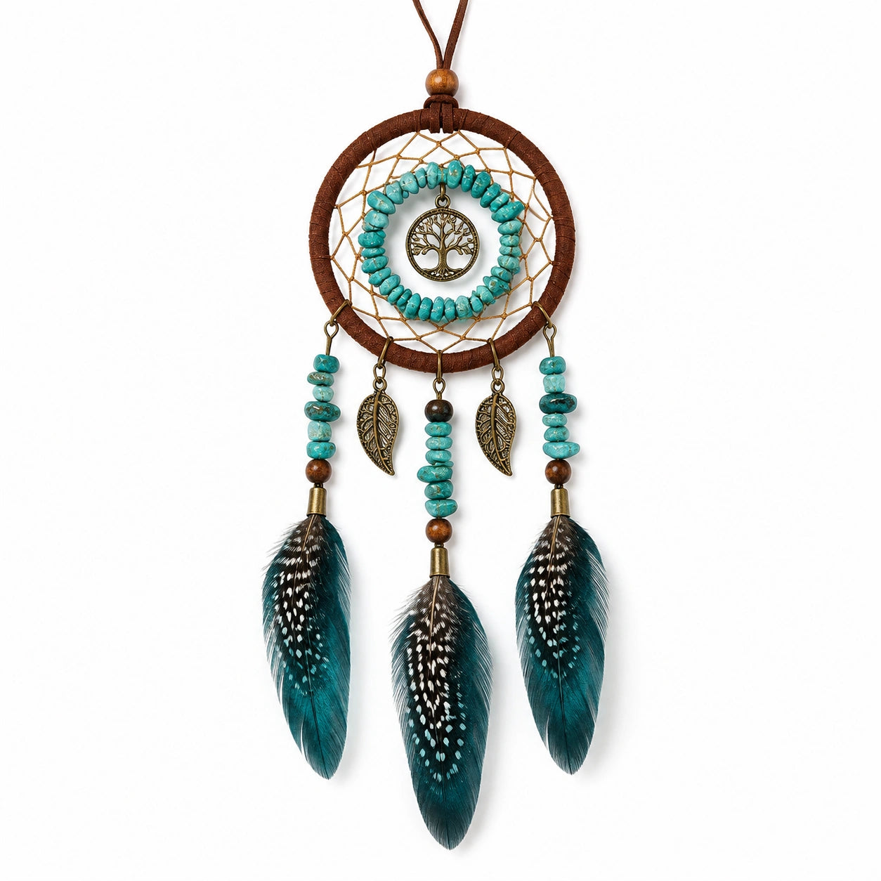 Attrape-rêves 16 cm x 45 cm brun turquoise en textile avec plumes style bohème décor mural suspendu