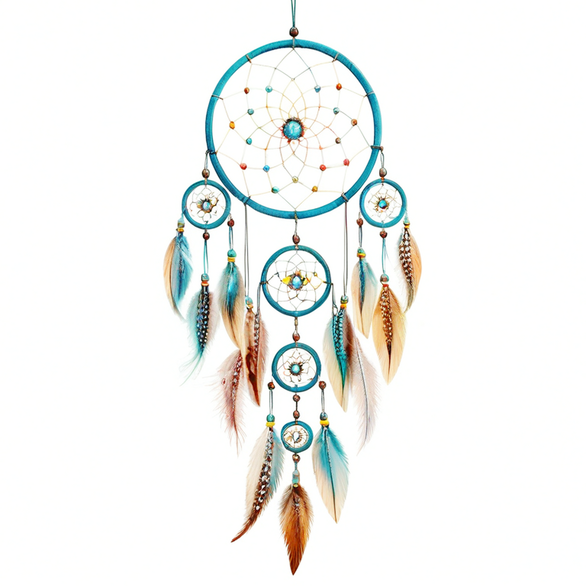Attrape-rêves décoratif 30 x 75 cm en textile bleu avec plumes et perles à suspendre