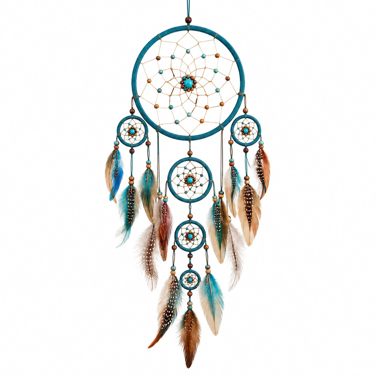 Attrape-rêves décoratif 30 x 75 cm en textile bleu avec plumes et perles à suspendre