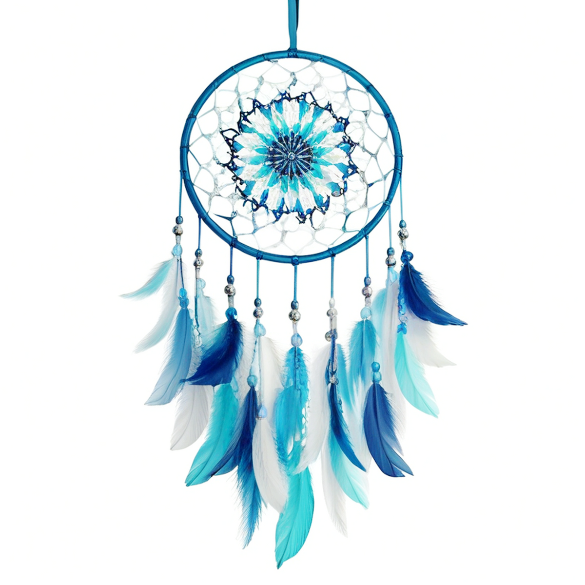 Attrape-rêves mural 30 x 70 cm bleu en fibres textiles à plumes style bohème