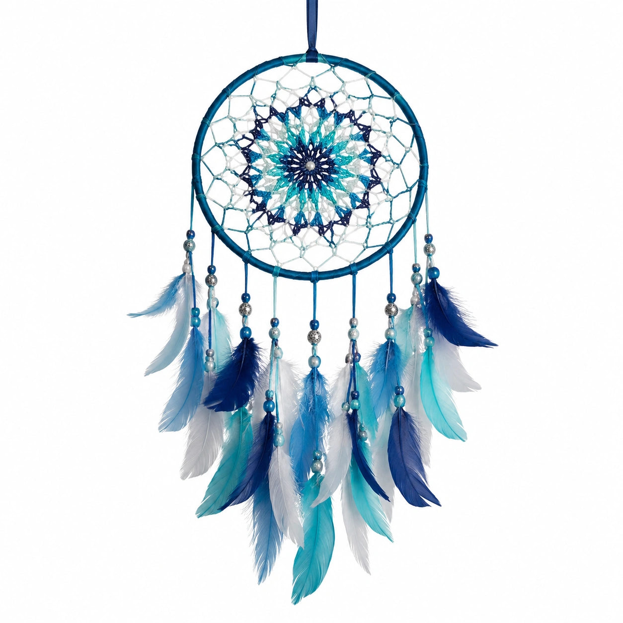Attrape-rêves mural 30 x 70 cm bleu en fibres textiles à plumes style bohème