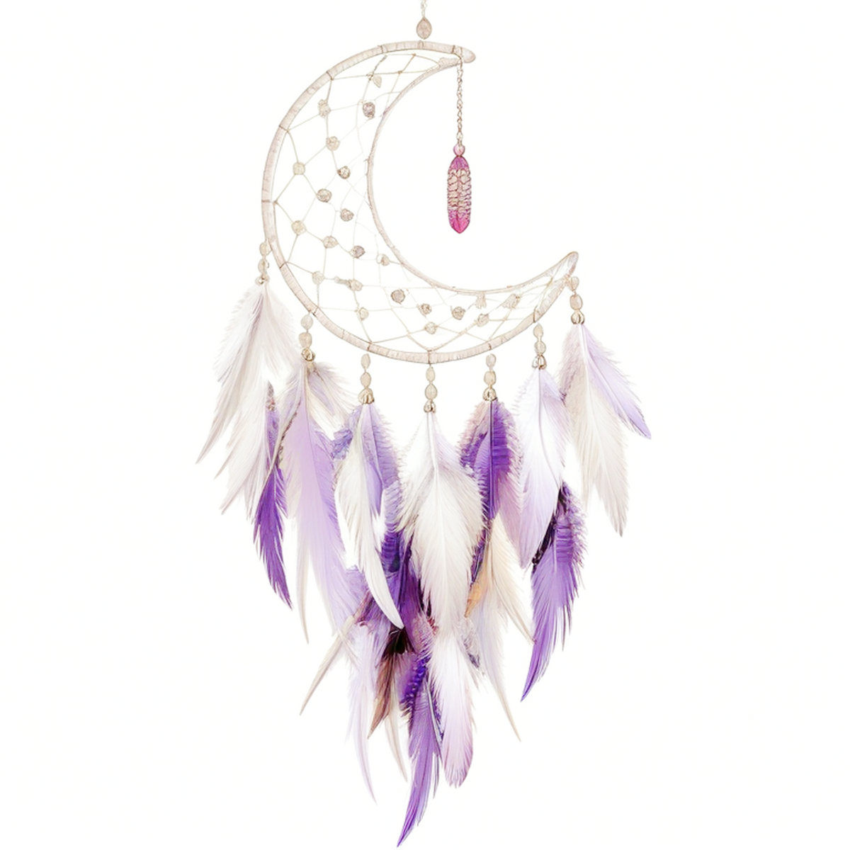Attrape-rêves lune 30 x 75 cm en métal et plumes violet blanc pour décoration murale bohème