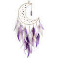 Attrape-rêves lune 30 x 75 cm en métal et plumes violet blanc pour décoration murale bohème