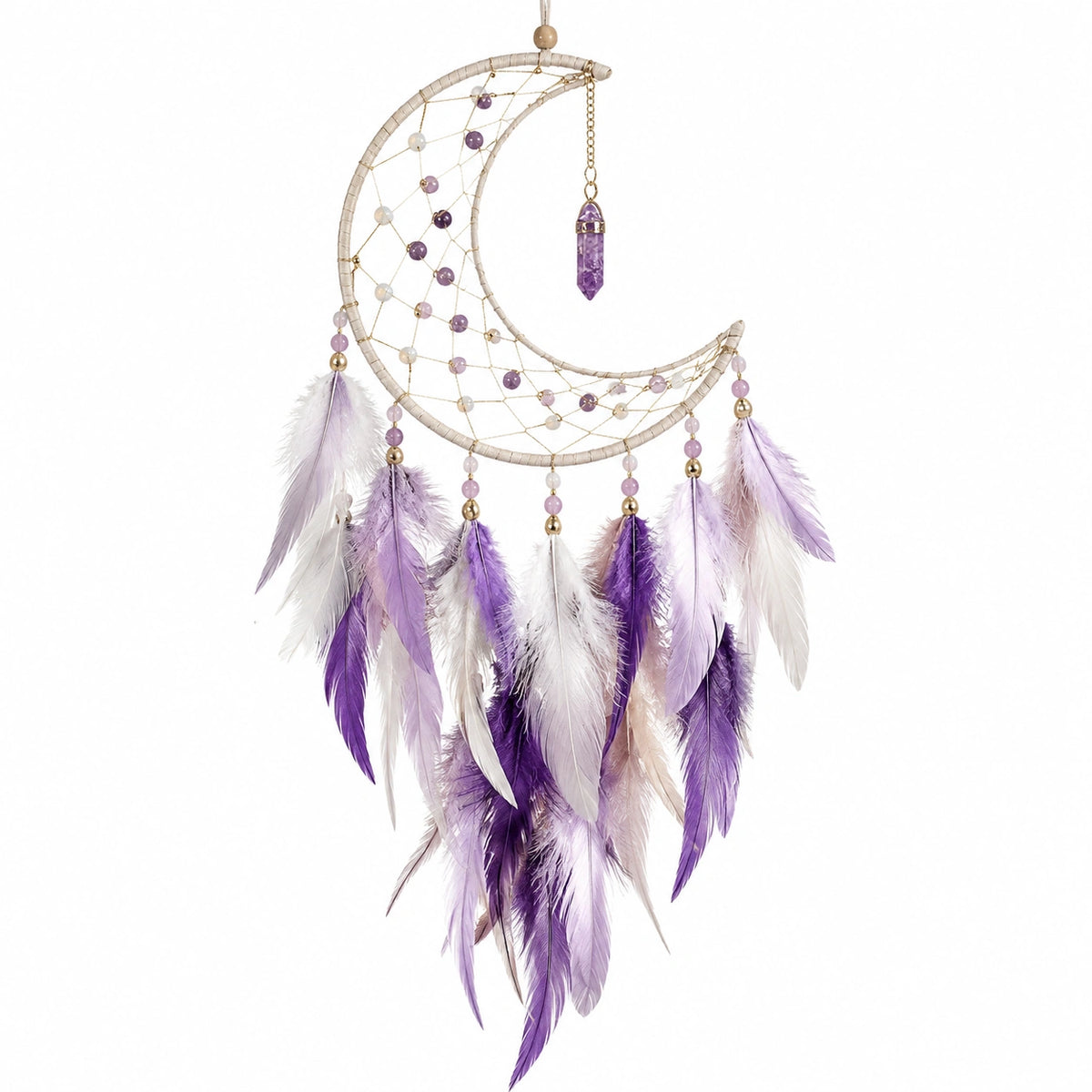 Attrape-rêves lune 30 x 75 cm en métal et plumes violet blanc pour décoration murale bohème