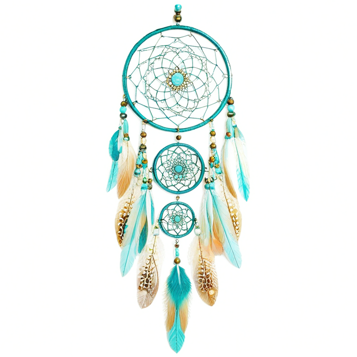 Attrape-rêves 25 x 70 cm en fil turquoise à plumes décor mural bohème