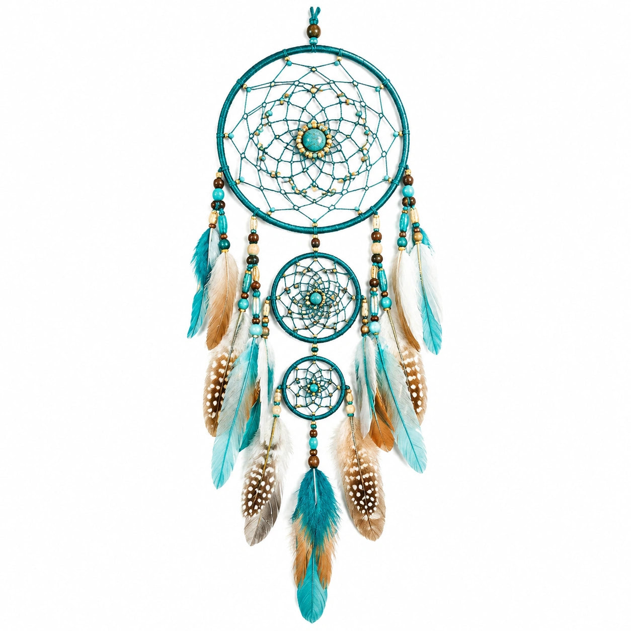 Attrape-rêves 25 x 70 cm en fil turquoise à plumes décor mural bohème