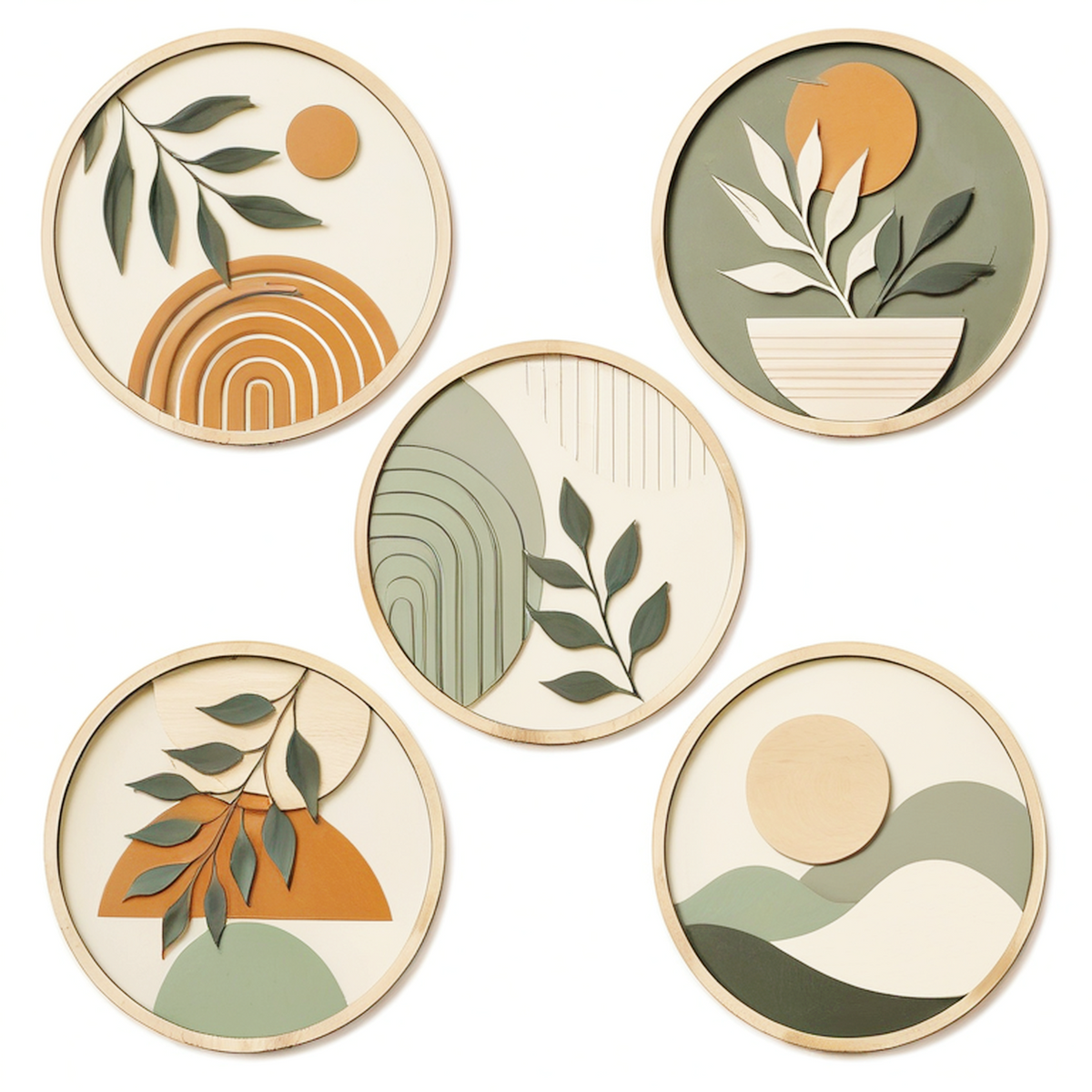 Lot de 5 décorations murales rondes diamètre 30 cm en bois multicolore style botanique