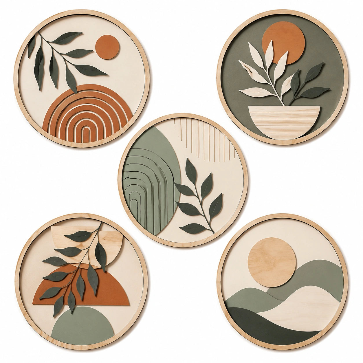 Lot de 5 décorations murales rondes diamètre 30 cm en bois multicolore style botanique
