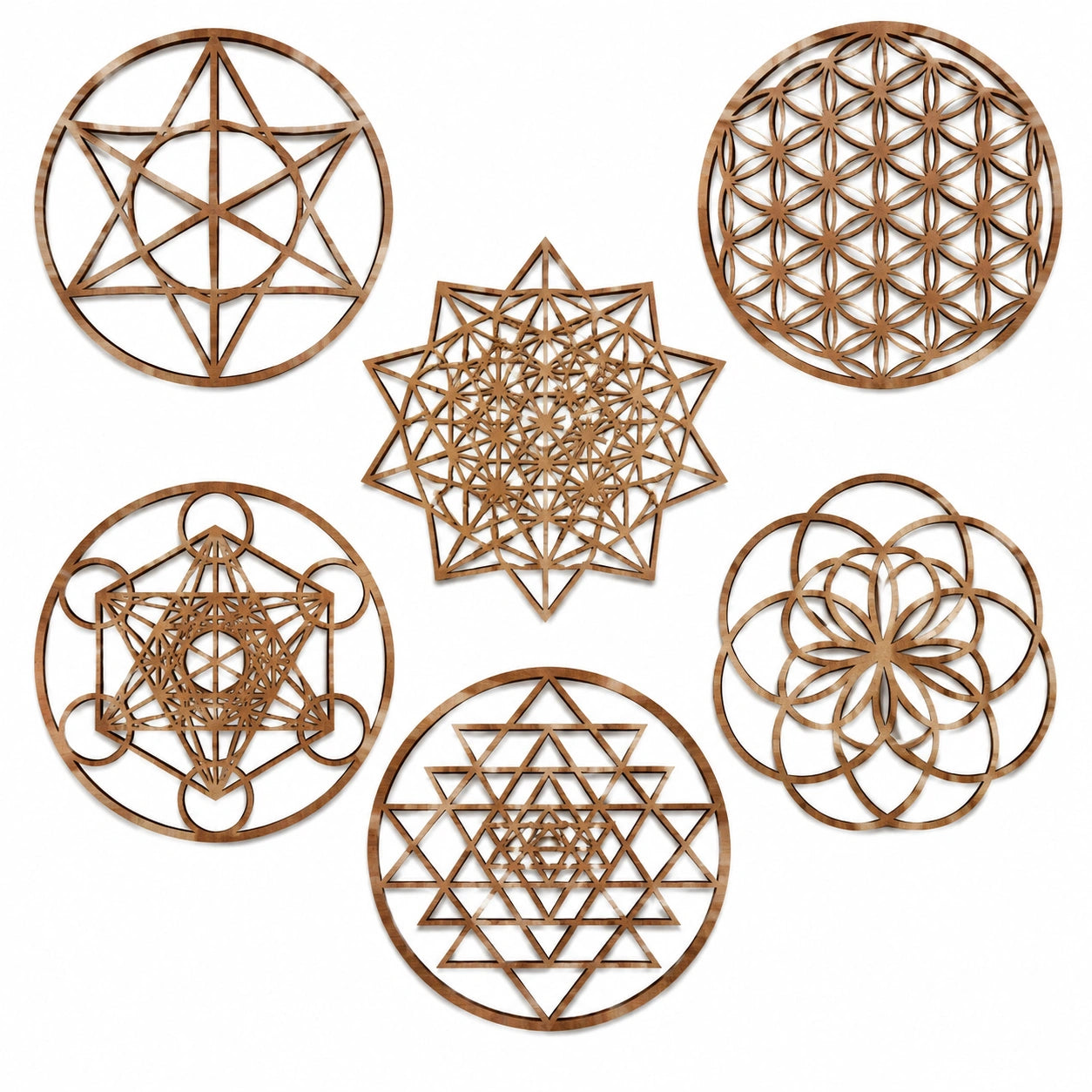 Lot de 6 décorations murales 30 cm en bois marron motifs géométriques pour intérieur