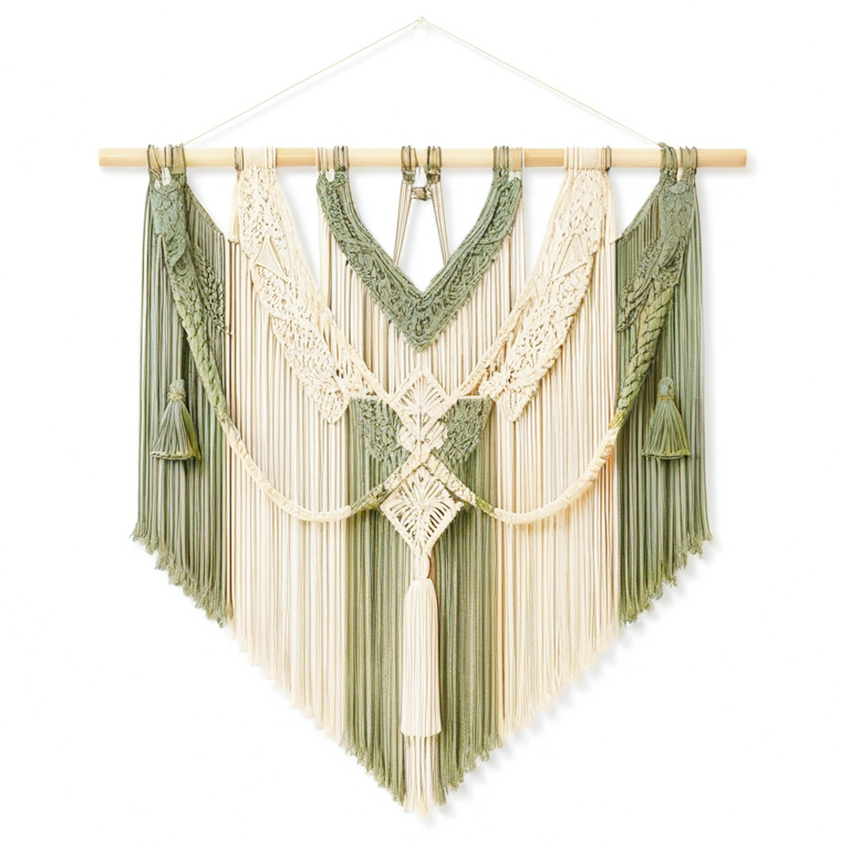 Tapisserie murale macramé 80 x 100 cm en coton vert sauge et écru style bohème