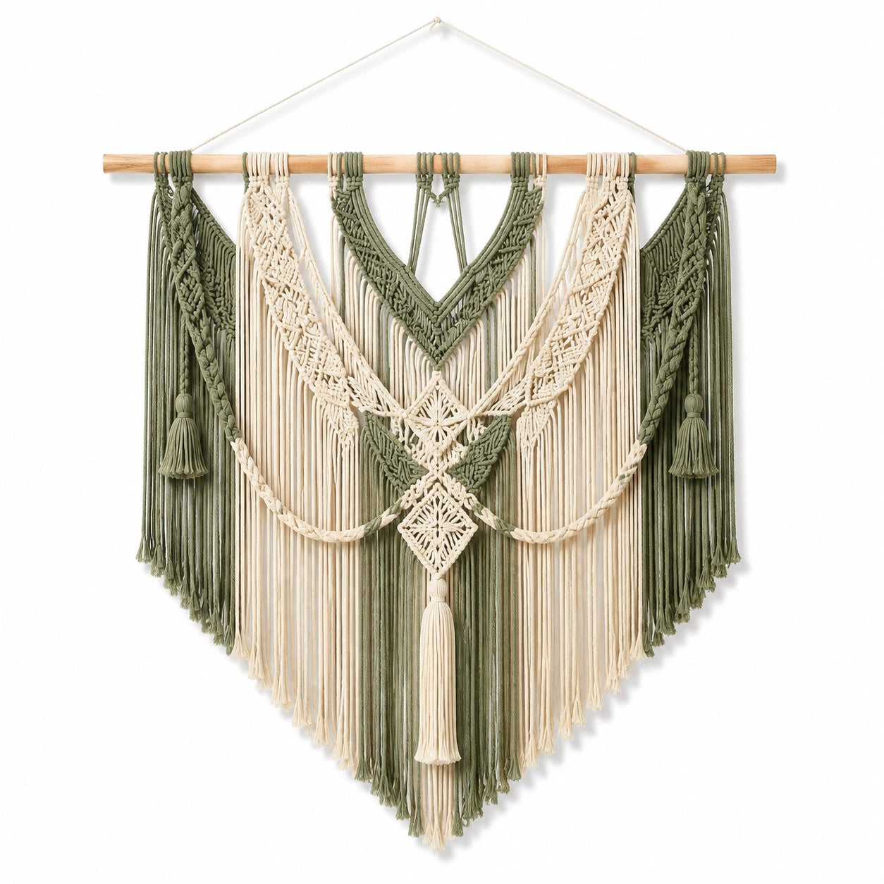 Tapisserie murale macramé 80 x 100 cm en coton vert sauge et écru style bohème