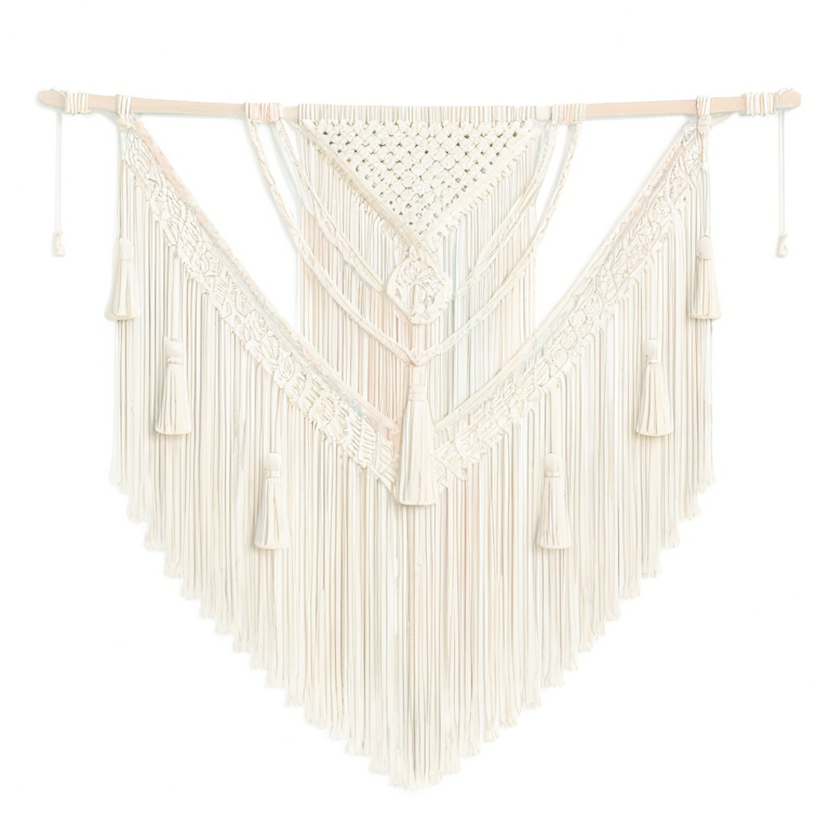 Décoration murale macramé 120 x 110 cm en coton écru avec franges style bohème