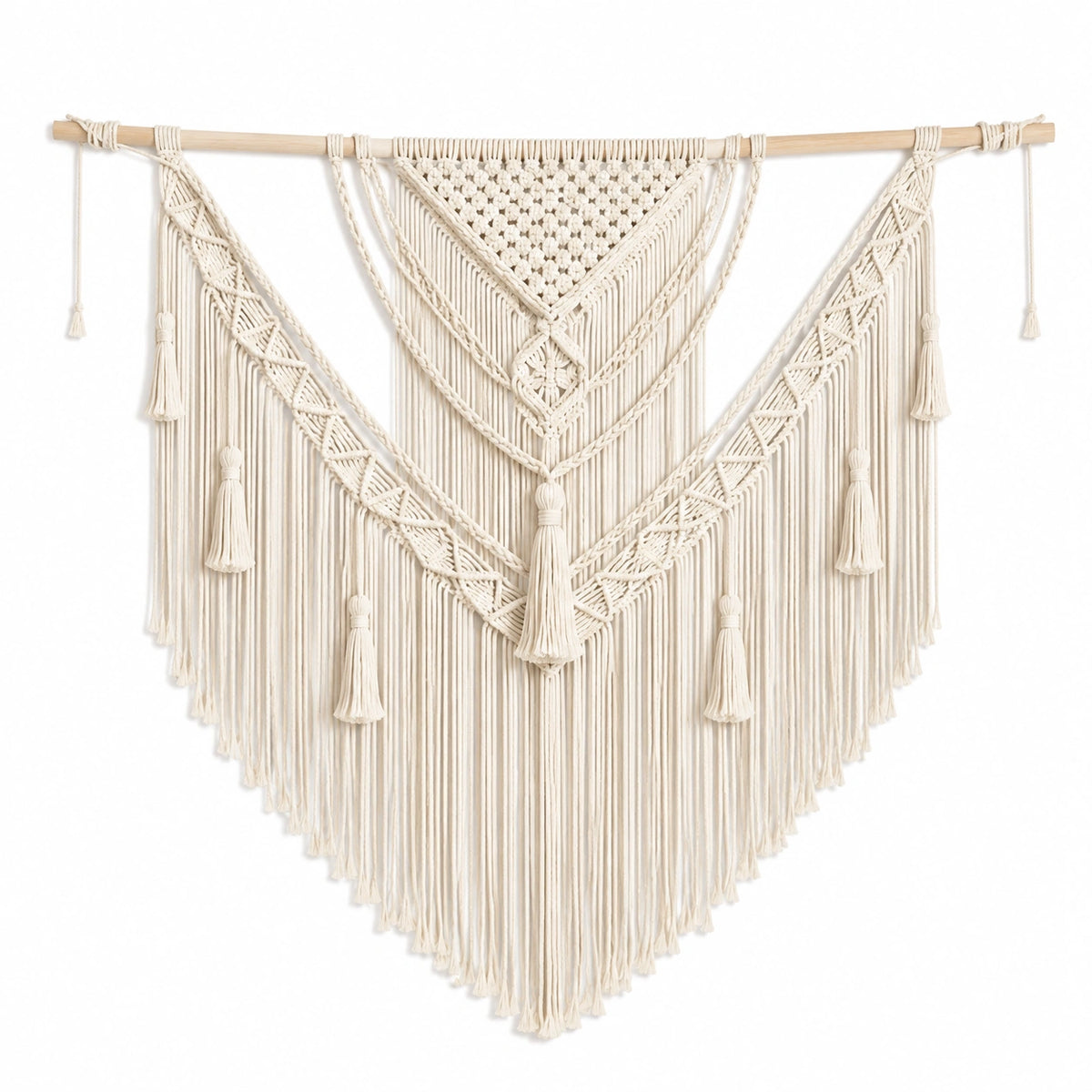 Décoration murale macramé 120 x 110 cm en coton écru avec franges style bohème