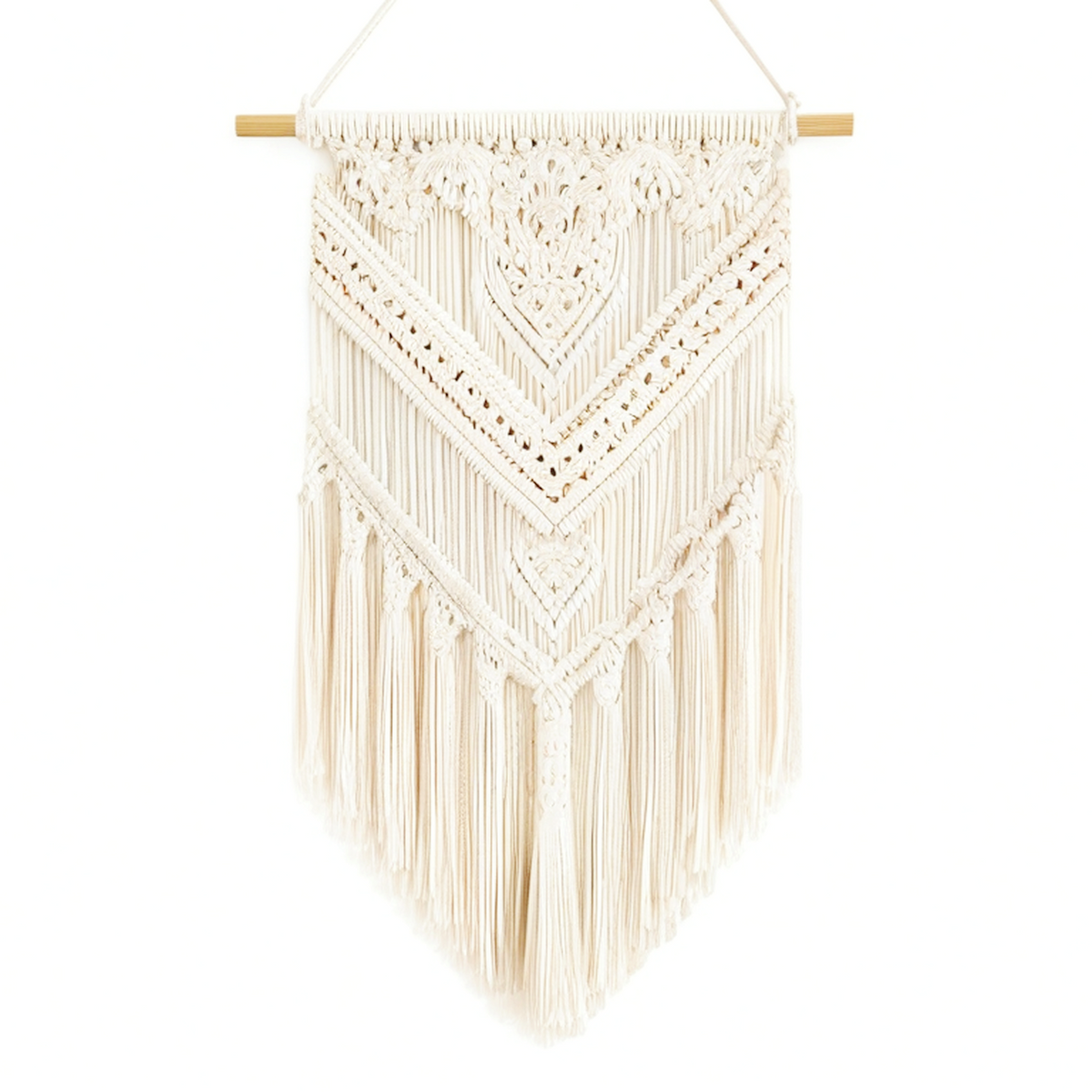 Tenture murale 50 x 90 cm en coton écru avec barre en bois style macramé décoratif