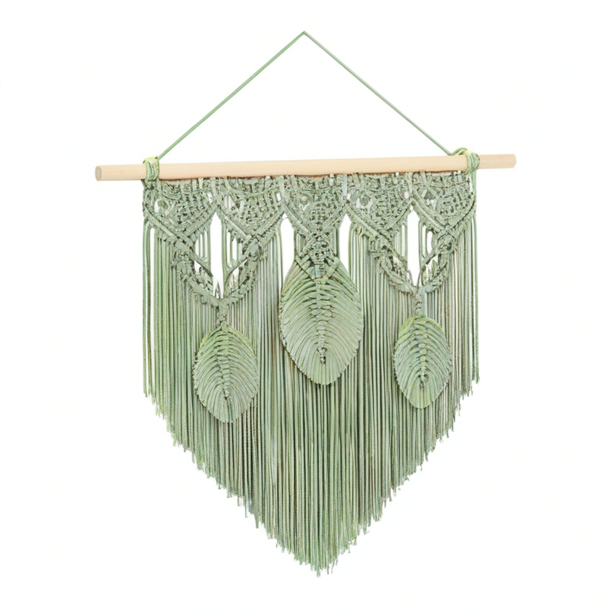 Tenture murale 70 x 100 cm en coton vert sauge avec barre en bois style macramé décoratif
