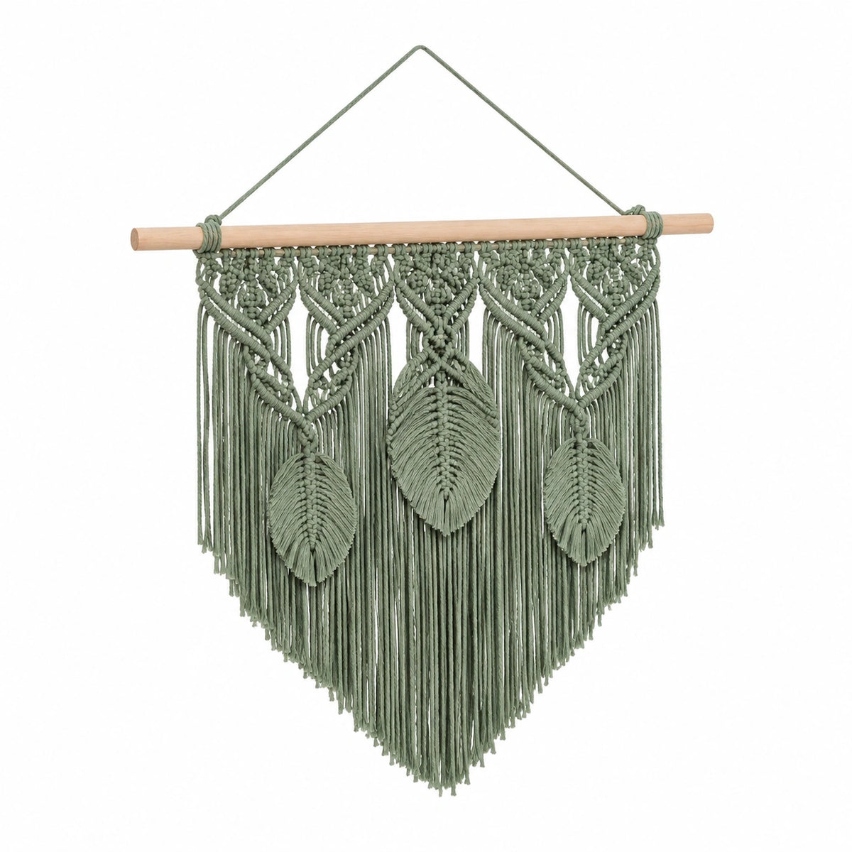 Tenture murale 70 x 100 cm en coton vert sauge avec barre en bois style macramé décoratif