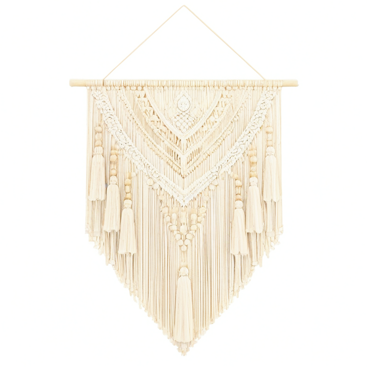 Décoration murale macramé 50 x 80 cm en corde textile écrue style bohème à suspendre