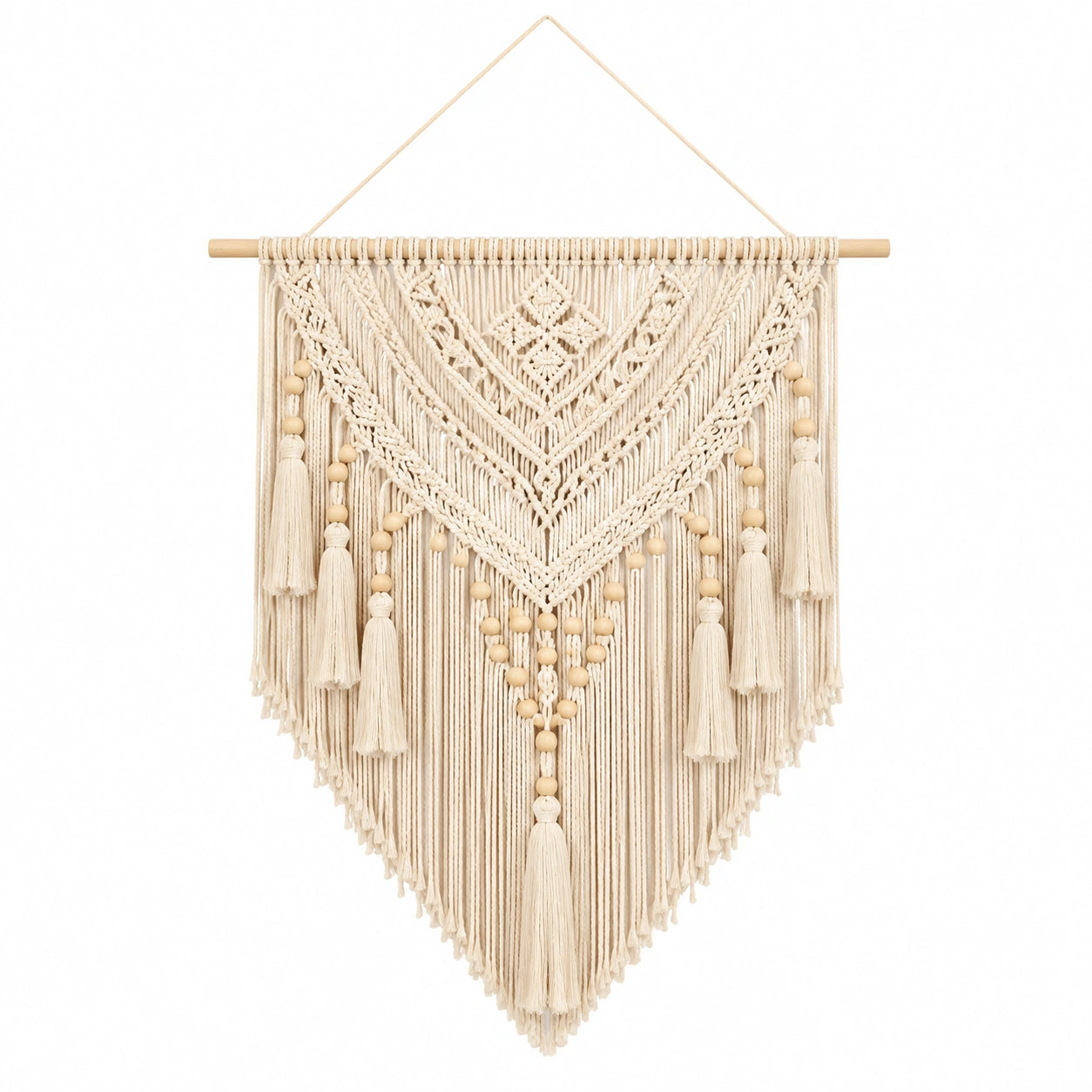 Décoration murale macramé 50 x 80 cm en corde textile écrue style bohème à suspendre