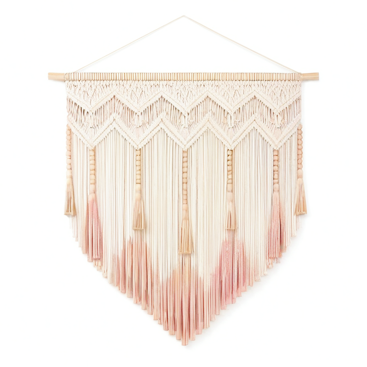 Tenture murale macramé 80 x 100 cm en coton écru et rose avec franges style bohème