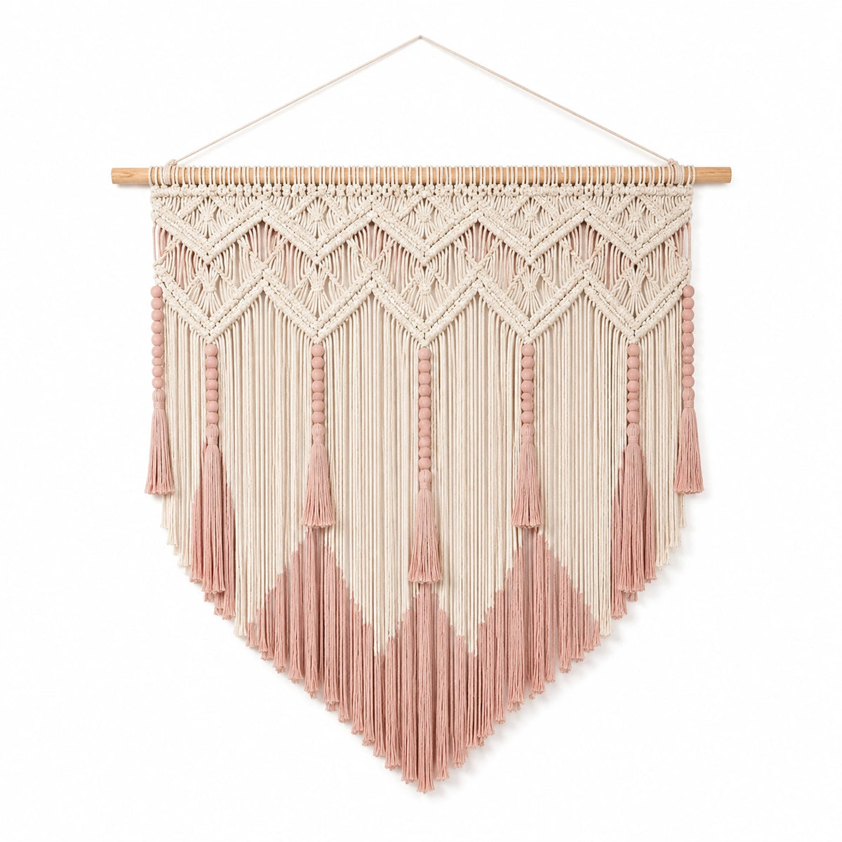 Tenture murale macramé 80 x 100 cm en coton écru et rose avec franges style bohème