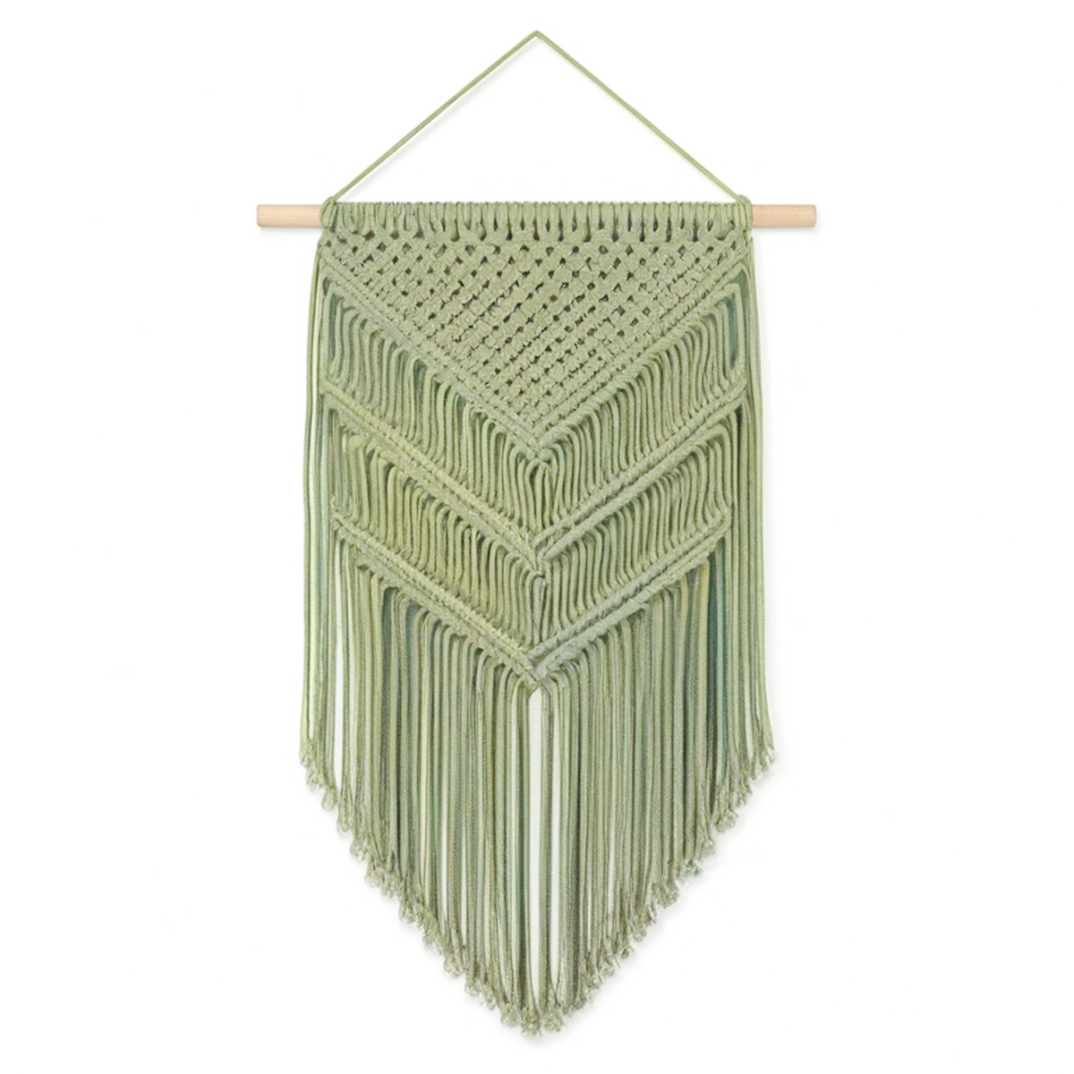 Tapisserie murale macramé 40 x 80 cm en corde vert sauge avec franges style bohème