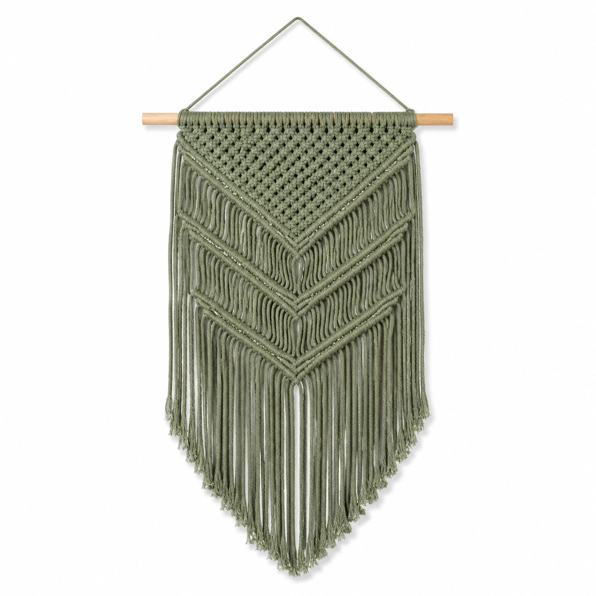Tapisserie murale macramé 40 x 80 cm en corde vert sauge avec franges style bohème