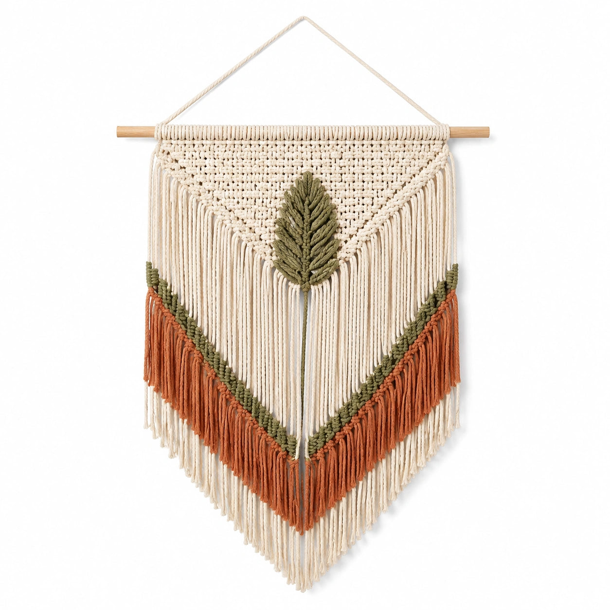 Tenture murale en macramé 50 x 90 cm fibres textiles écru vert terre cuite style bohème