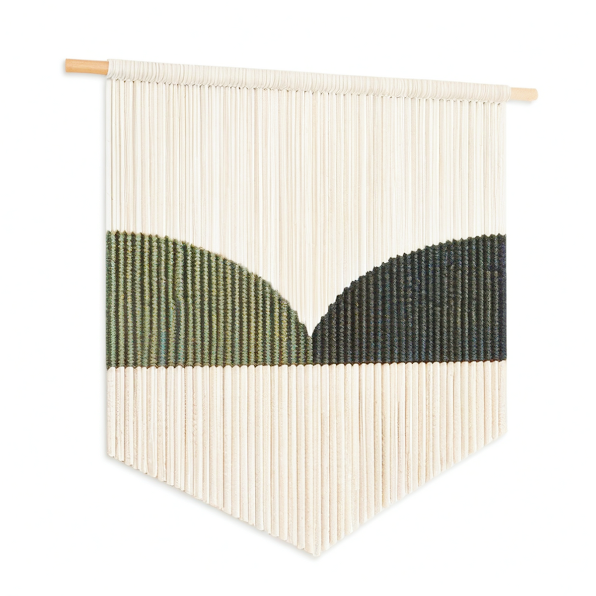 Tenture murale 50 x 70 cm en corde de coton écru vert noir avec barre en bois style bohème