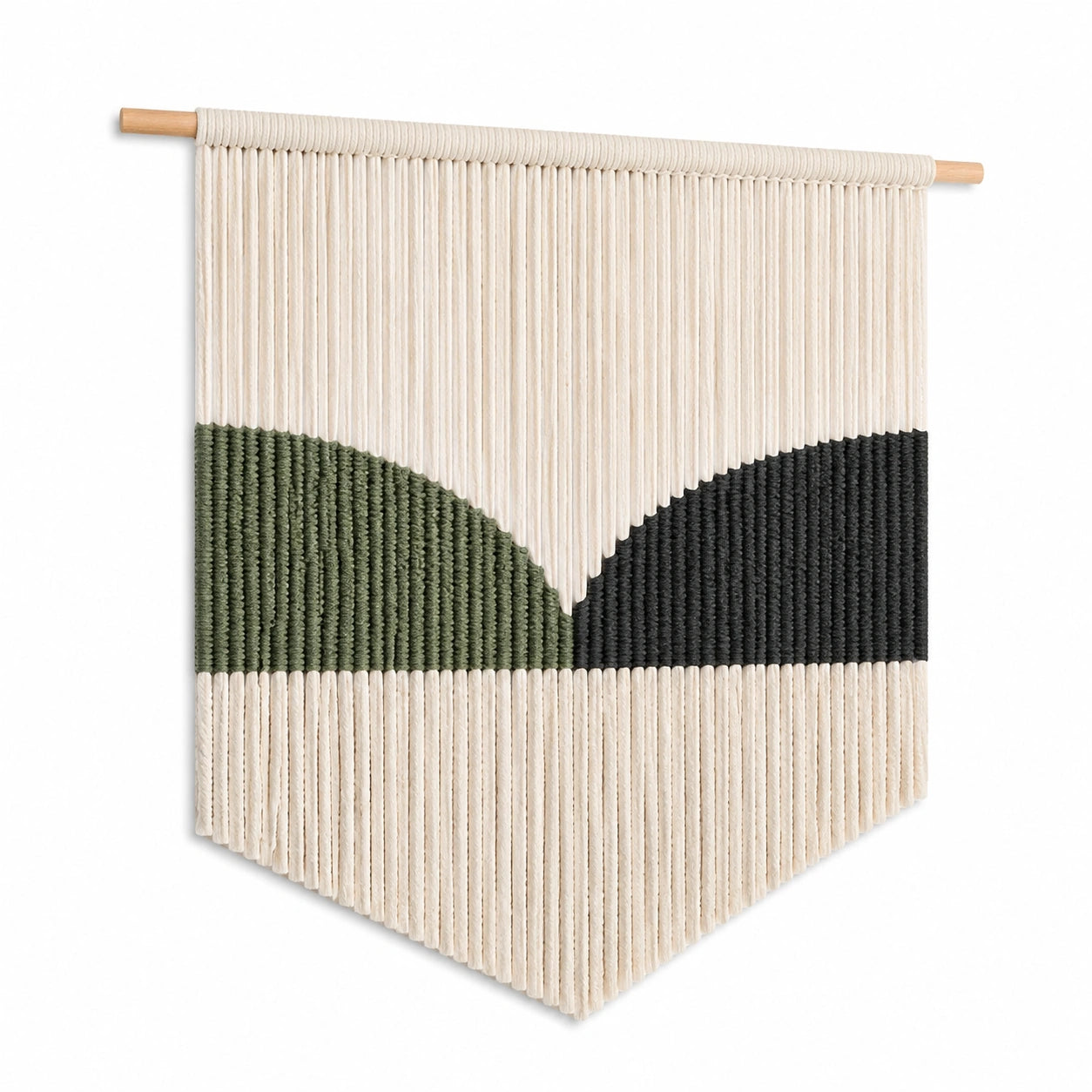 Tenture murale 50 x 70 cm en corde de coton écru vert noir avec barre en bois style bohème