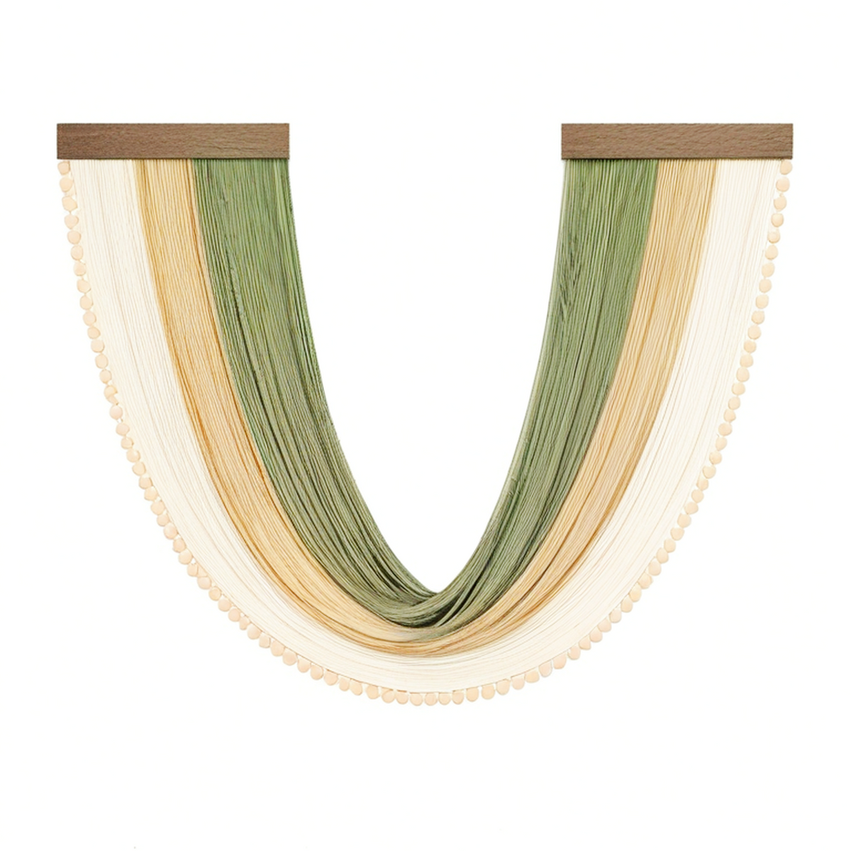 Décoration murale tissée 110 x 100 cm en coton vert beige et écru avec bois style bohème