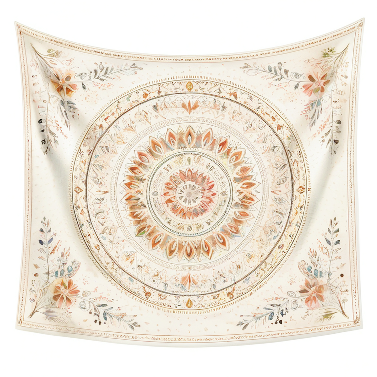 Tapisserie murale 150 x 150 cm en polyester beige terracotta vert à motif mandala floral