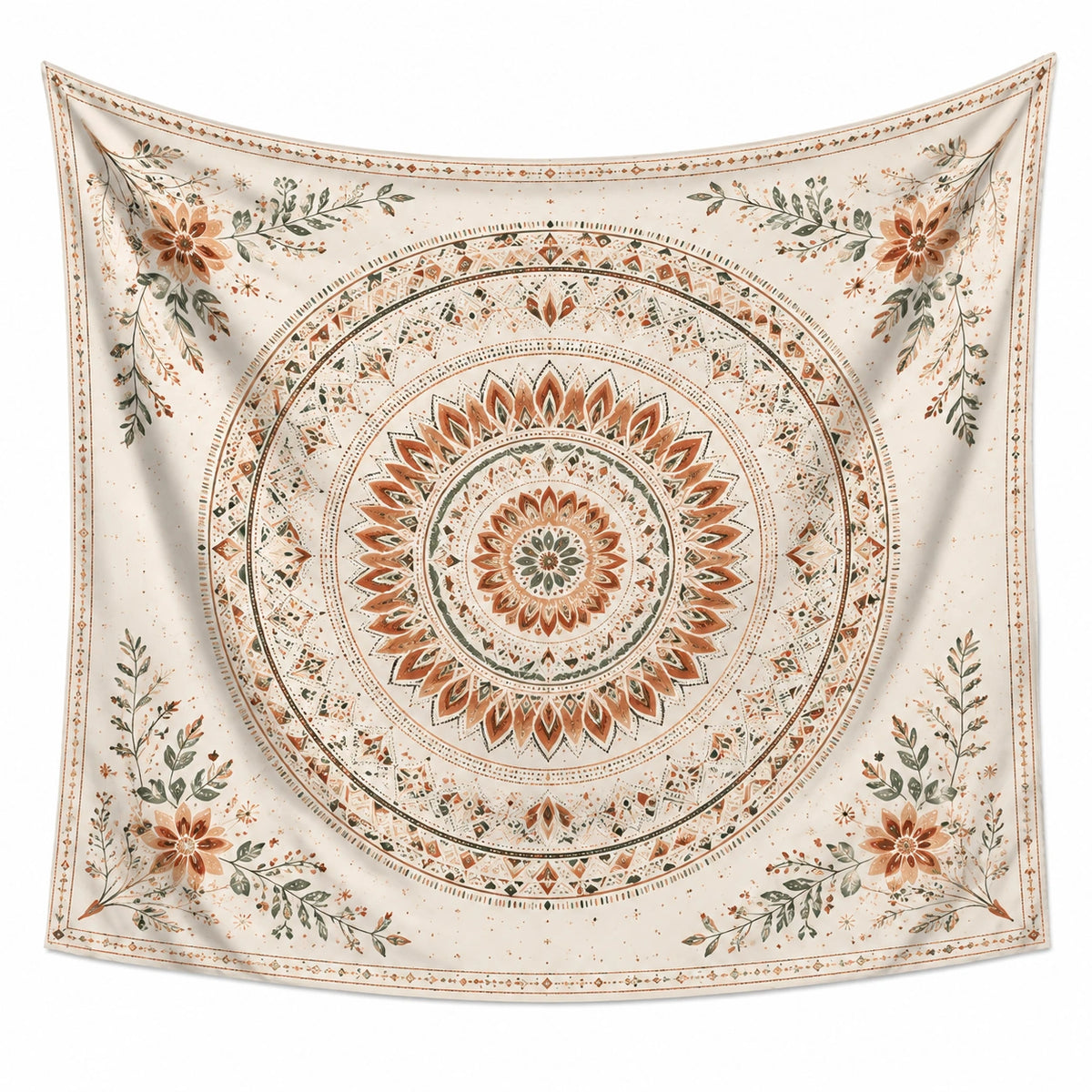 Tapisserie murale 150 x 150 cm en polyester beige terracotta vert à motif mandala floral