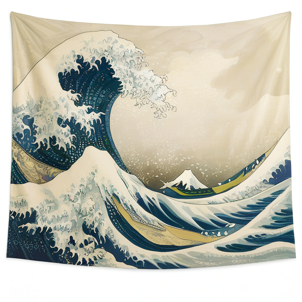 Tapisserie murale 150 x 130 cm en polyester beige et bleu motif vagues style japonais