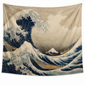 Tapisserie murale 150 x 130 cm en polyester beige et bleu motif vagues style japonais