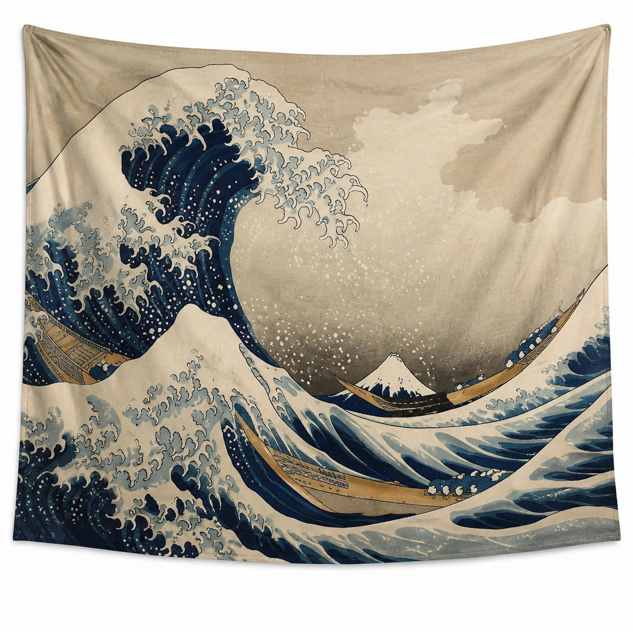 Tapisserie murale 150 x 130 cm en polyester beige et bleu motif vagues style japonais