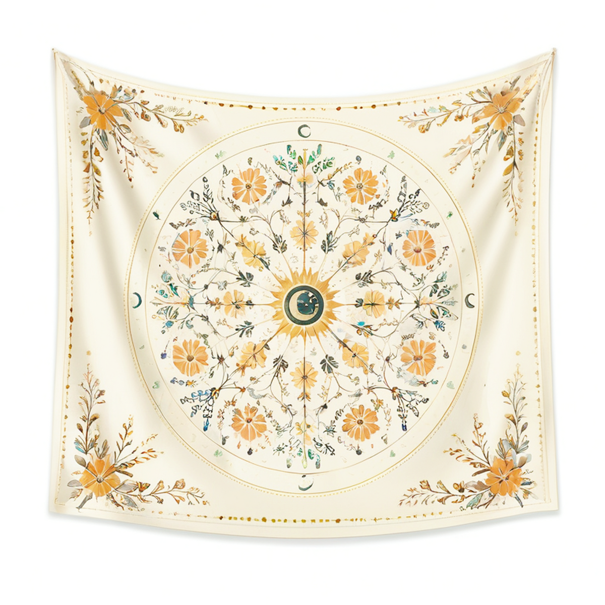 Tapisserie murale 150 x 150 cm en polyester beige à motif floral et lunaire décoratif