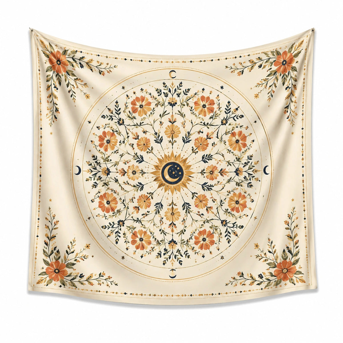 Tapisserie murale 150 x 150 cm en polyester beige à motif floral et lunaire décoratif