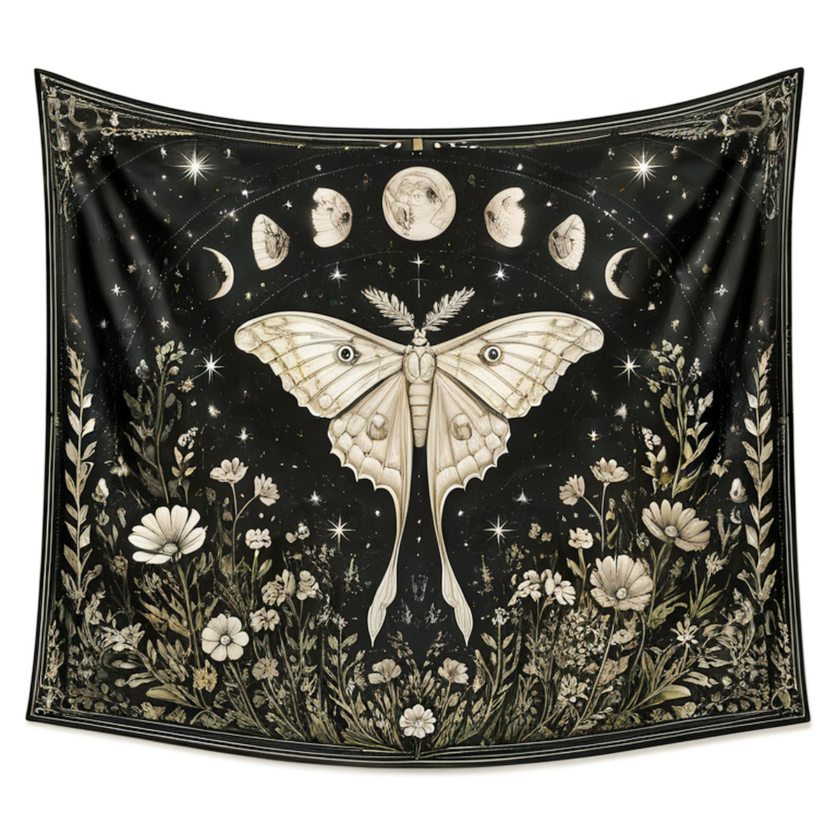 Tenture murale 150 x 150 cm en tissu noir et beige motif papillon lunaire décoratif