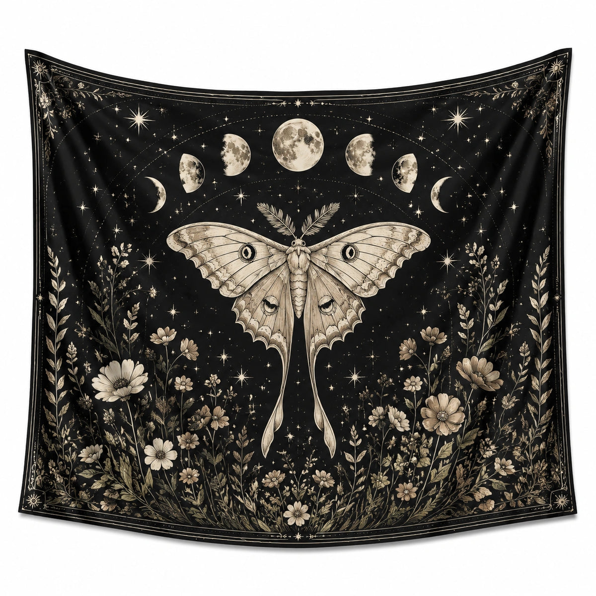 Tenture murale 150 x 150 cm en tissu noir et beige motif papillon lunaire décoratif
