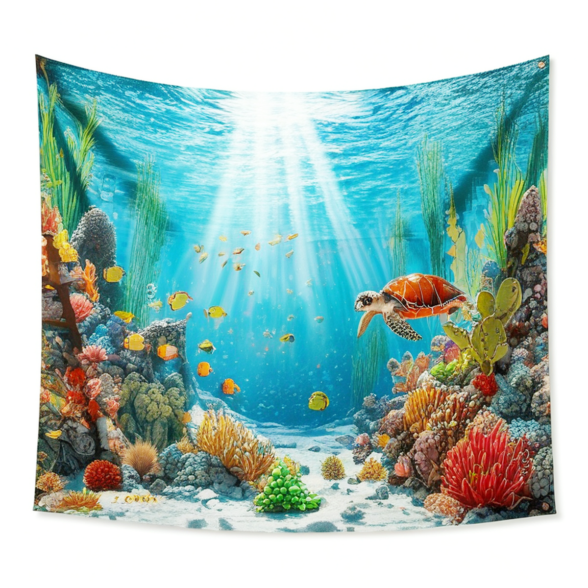 Tapisserie murale 150 x 150 cm en polyester bleu décor récif marin
