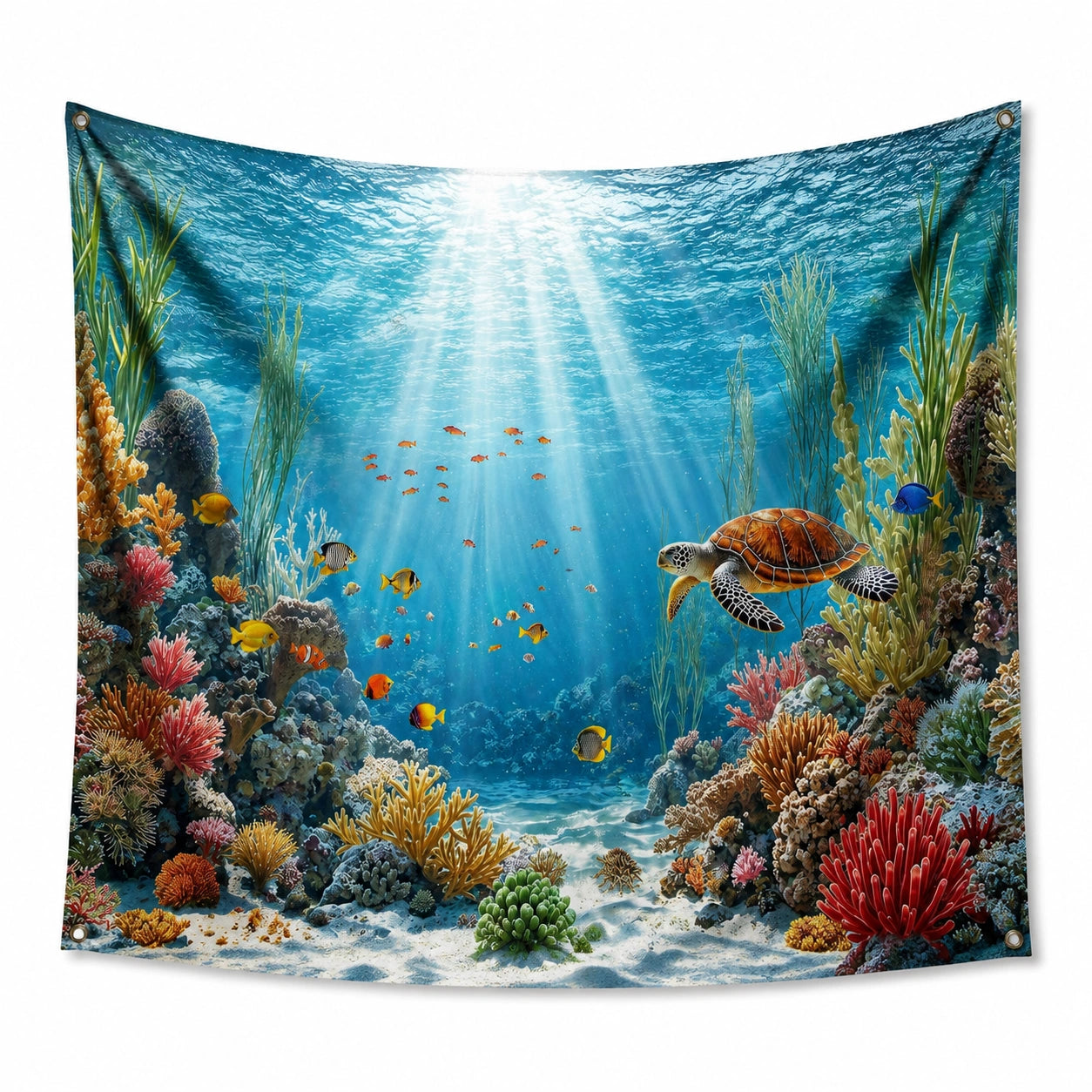 Tapisserie murale 150 x 150 cm en polyester bleu décor récif marin